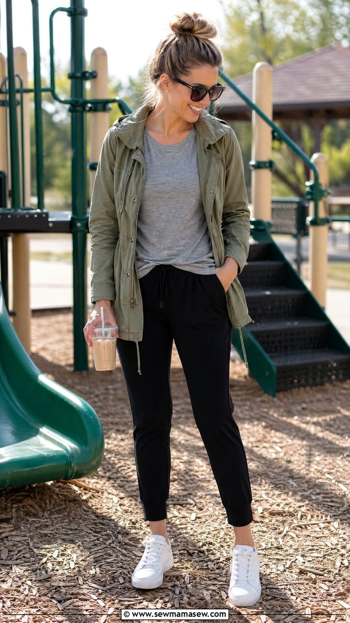 Utility Jacket with Joggers Outfit - 35 Spring mom outfit ideas