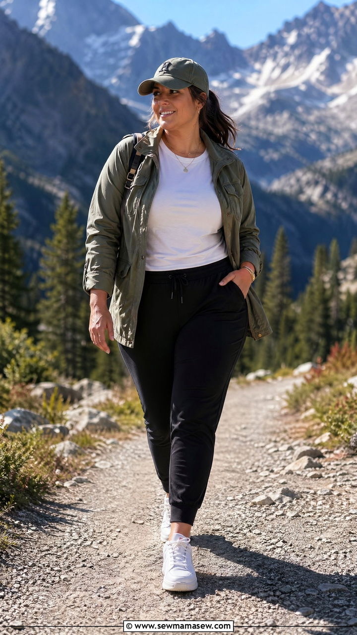 Utility Jacket with Joggers and Sneakers - 35 casual outfits for curvy women