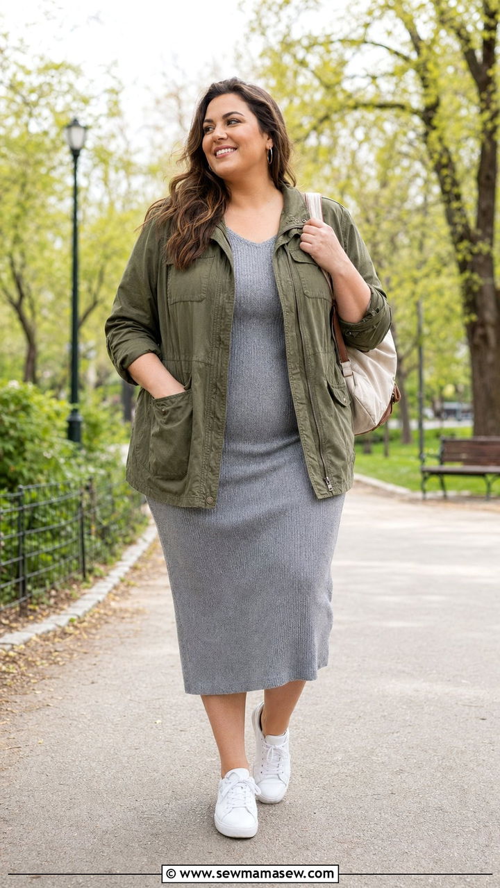 Utility Jacket with Knit Midi Dress Plus Size - 35 Plus size outfits for women over 40