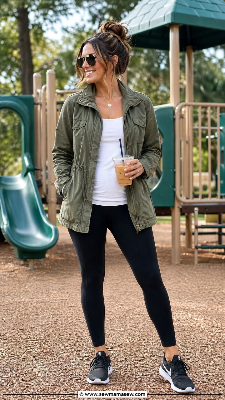 Utility Jacket with Leggings and Sneakers - 35 Spring outfit ideas for mom