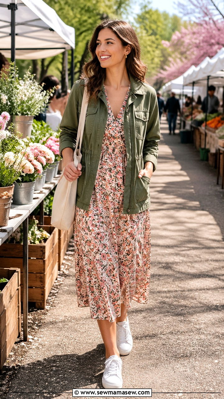 Utility Jacket with Midi Dress and Sneakers - 30 spring cool weather outfit ideas