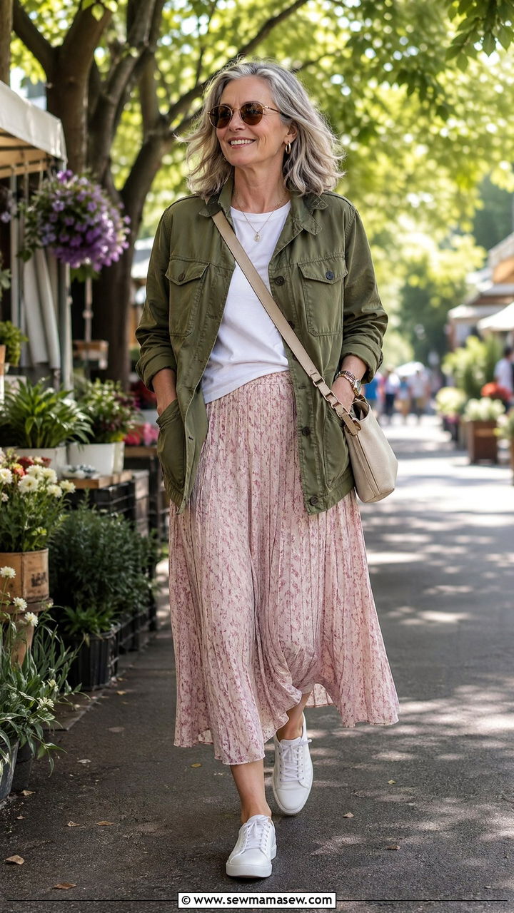 Utility Jacket with Midi Skirt and Leather Sneakers - 35 Spring outfits for women over 50
