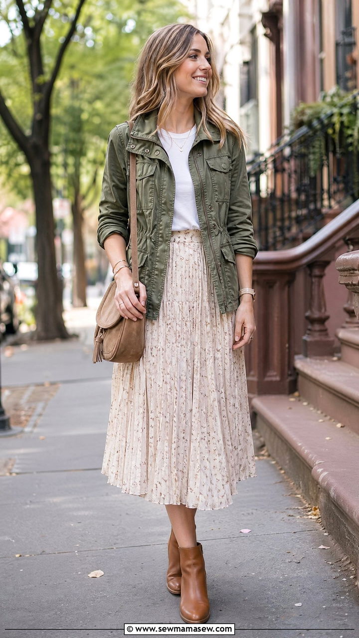 Utility Jacket with Pleated Skirt and Ankle Boots - 35 spring preppy outfits