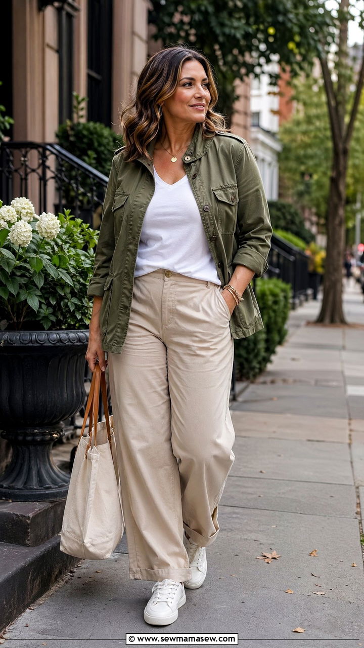 Utility Jacket with Relaxed Trousers and Sneakers - 35 Curvy outfits for women over 40