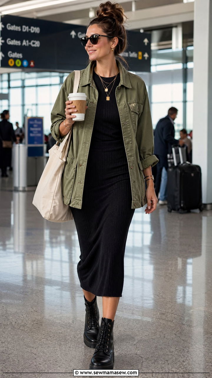 Utility Jacket with Ribbed Knit Dress - 35 cute outfit ideas for women