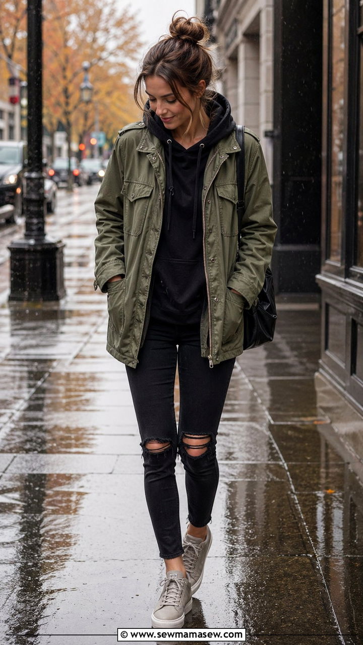 Utility Jacket with Ripped Jeans and Hoodie - 35 rainy day outfit ideas