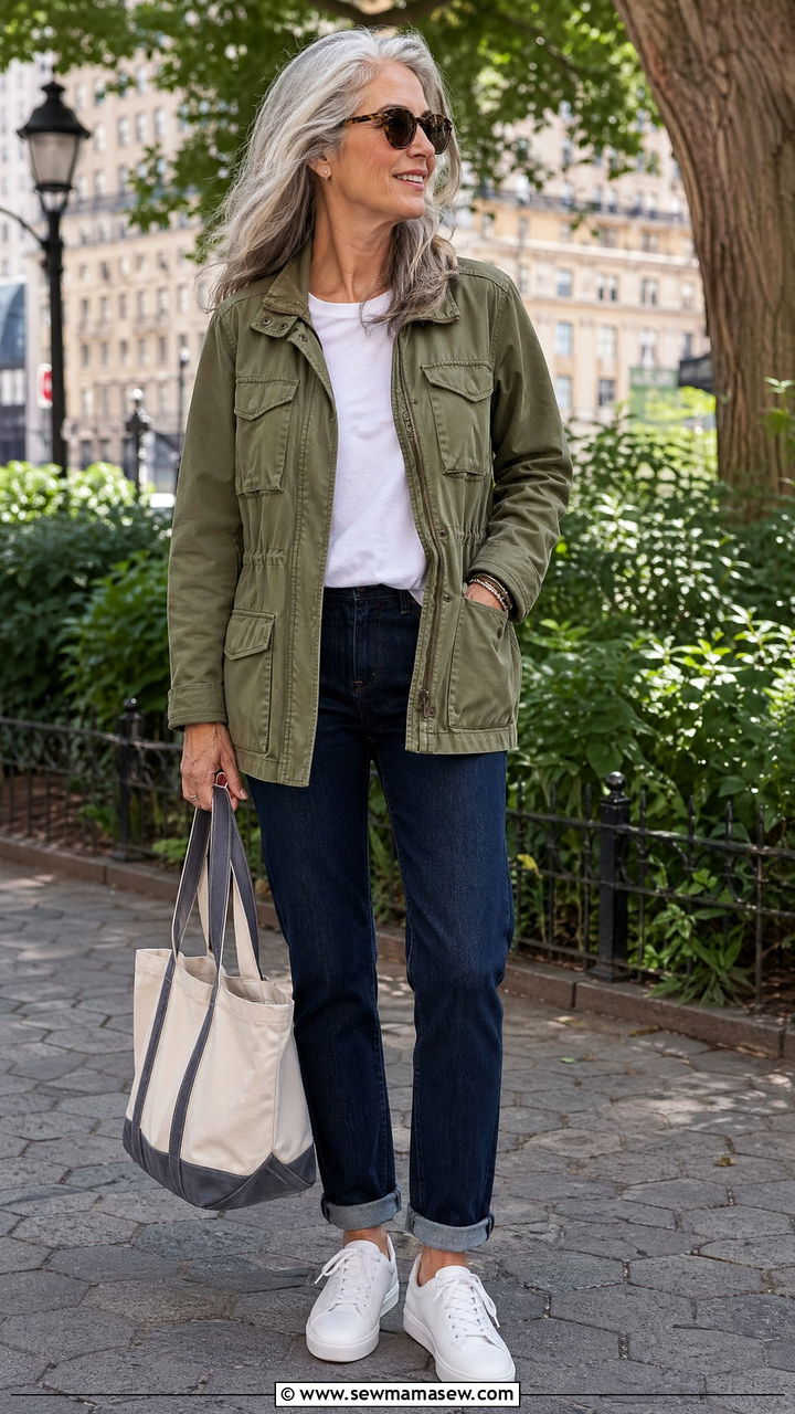 Utility Jacket with Straight Leg Denim and White Sneakers - 35 Classy outfit ideas for women over 50