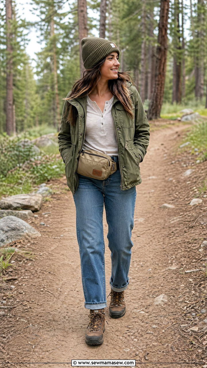 Utility Jacket with Straight Leg Jeans and Hiking Boots - 35 casual straight leg jeans outfits