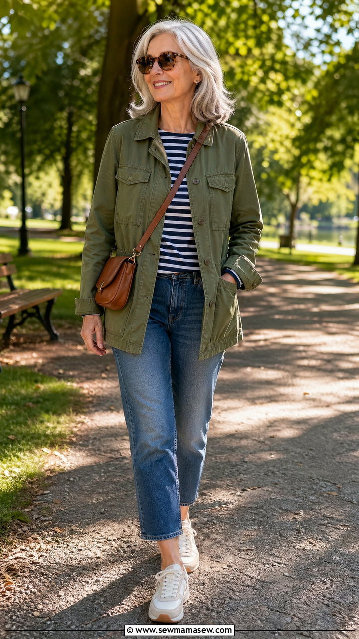 Utility Jacket with Striped Tee and Cropped Jeans - 35 Spring capsule wardrobe for women over 50