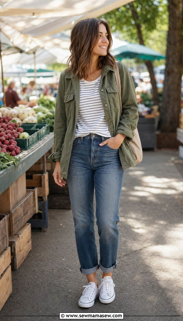Utility Jacket with T Shirt and Cuffed Jeans - 30 windy day outfits for women