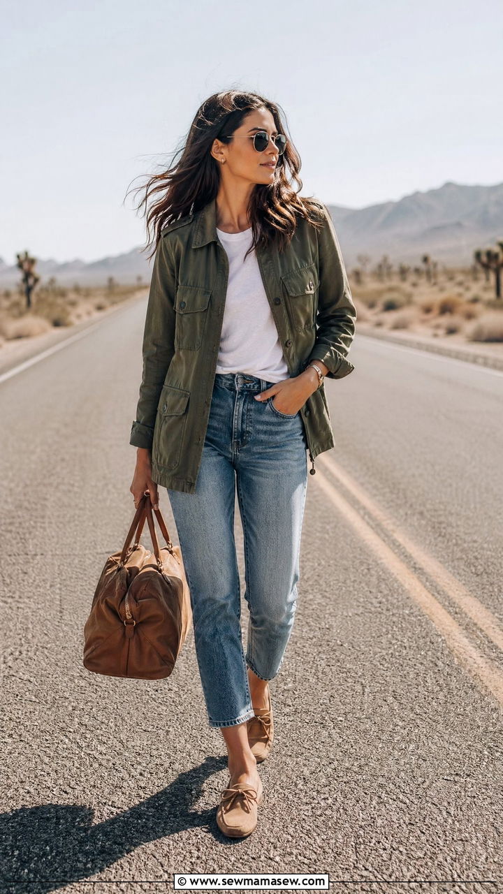 Utility Jacket with White Tee and Cropped Jeans - 35 classy travel outfits