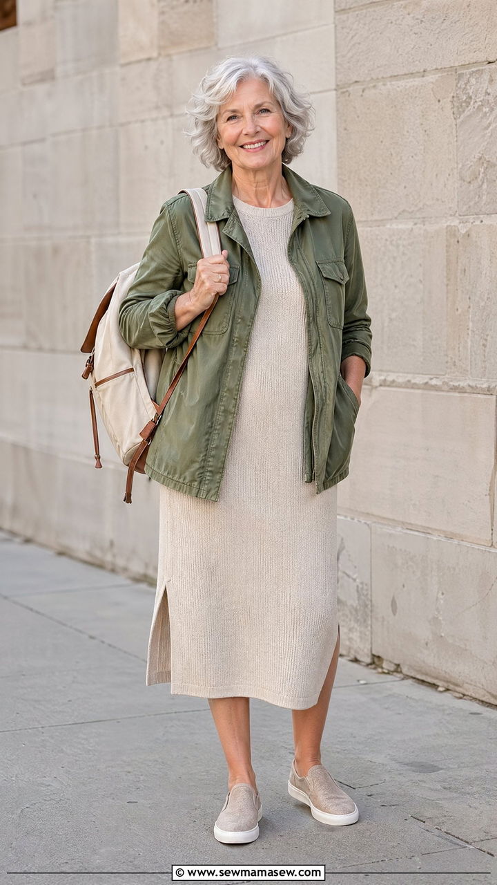 Utility Jacket with a Knit Midi Dress - 35 Casual outfits for women over 60