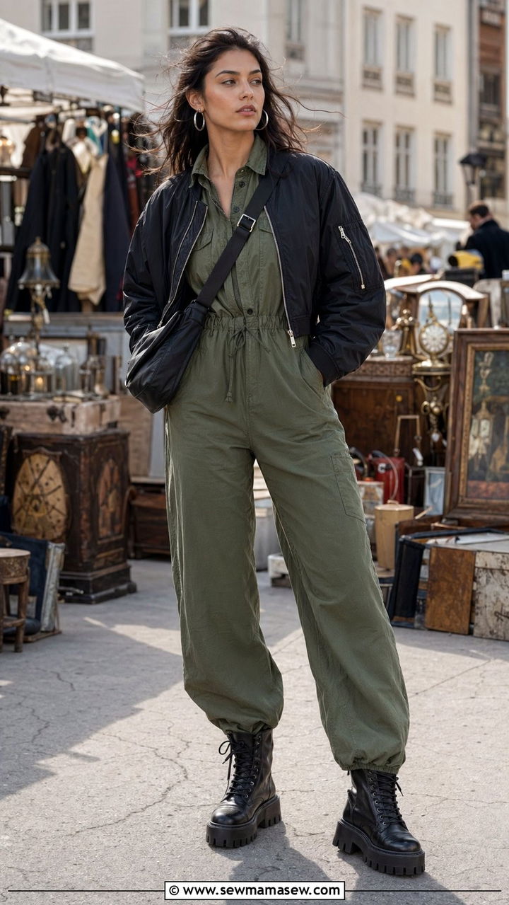 Utility Jumpsuit With A Cropped Jacket - 30 windy day outfits Pinterest