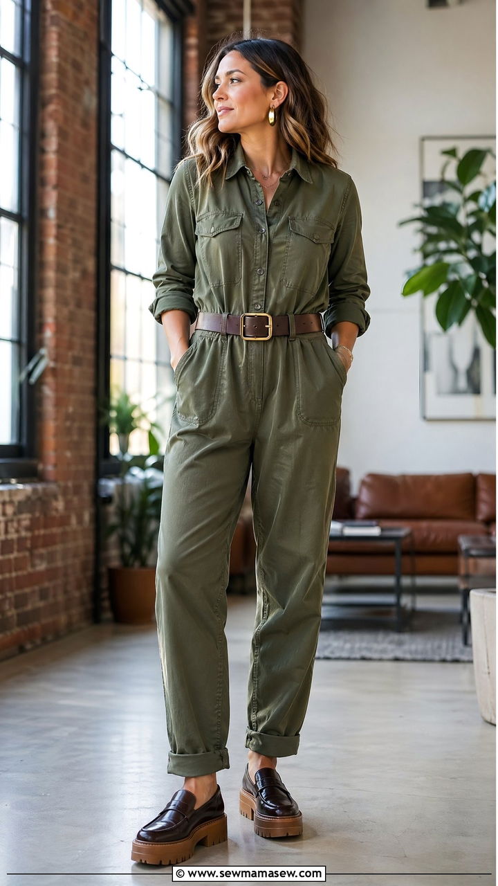 Utility Jumpsuit With A Wide Belt And Platform Loafers - 35 work outfits for moms