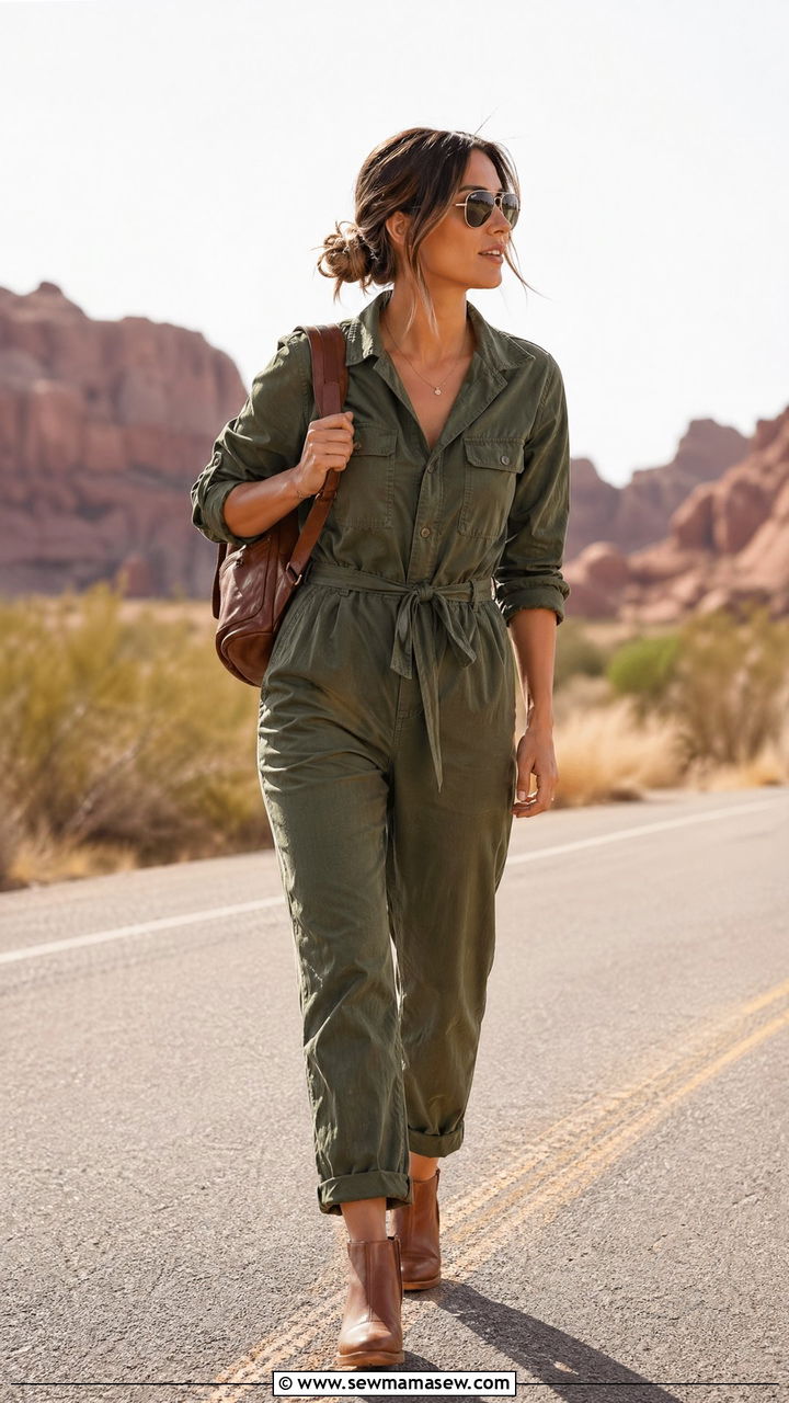 Utility Jumpsuit With Ankle Boots Sightseeing Outfit - 35 vacation outfits ideas