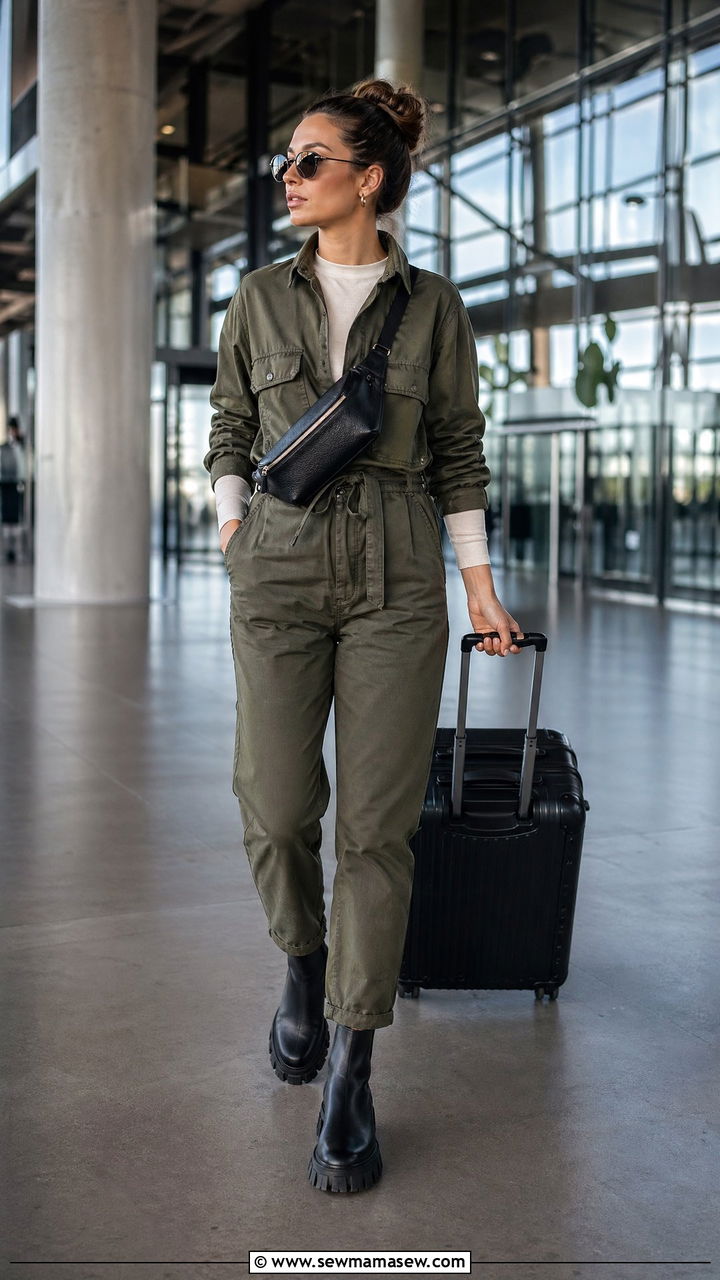 Utility Jumpsuit With Belt Bag And Lug Sole Boots - 40 Airport outfits for women