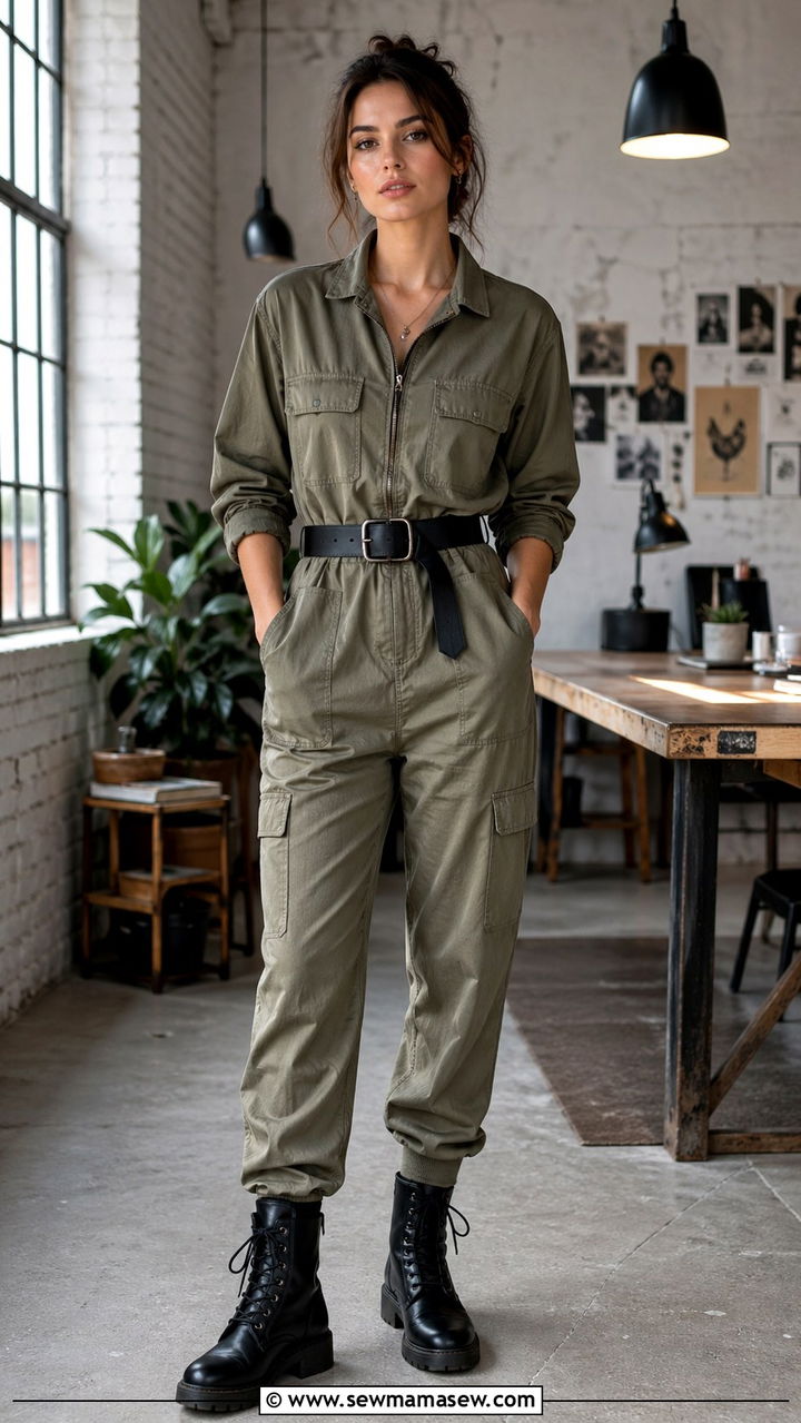Utility Jumpsuit With Cinched Waist Belt And Combat Boots - 30 spring edgy outfits