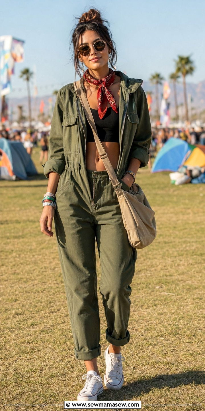 Utility Jumpsuit With Crop Top and Sneakers Outfit - 35 music festival outfit ideas for women