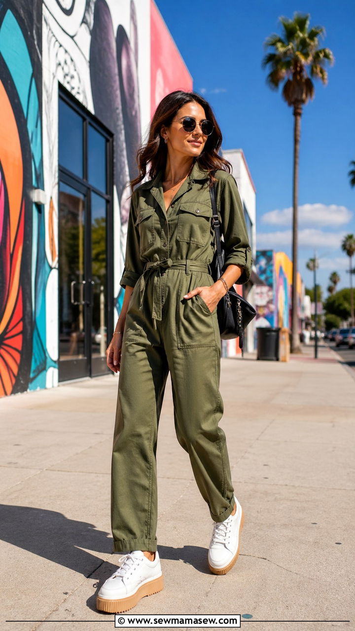 Utility Jumpsuit With Platform Sneakers - 30 sneaker outfits for women