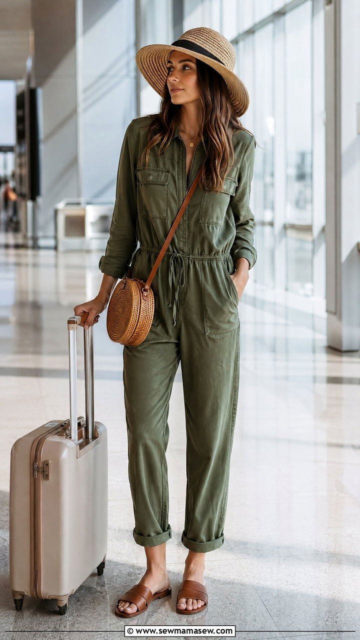 Utility Jumpsuit With Sandals And Woven Bag - 35 Summer transition outfits