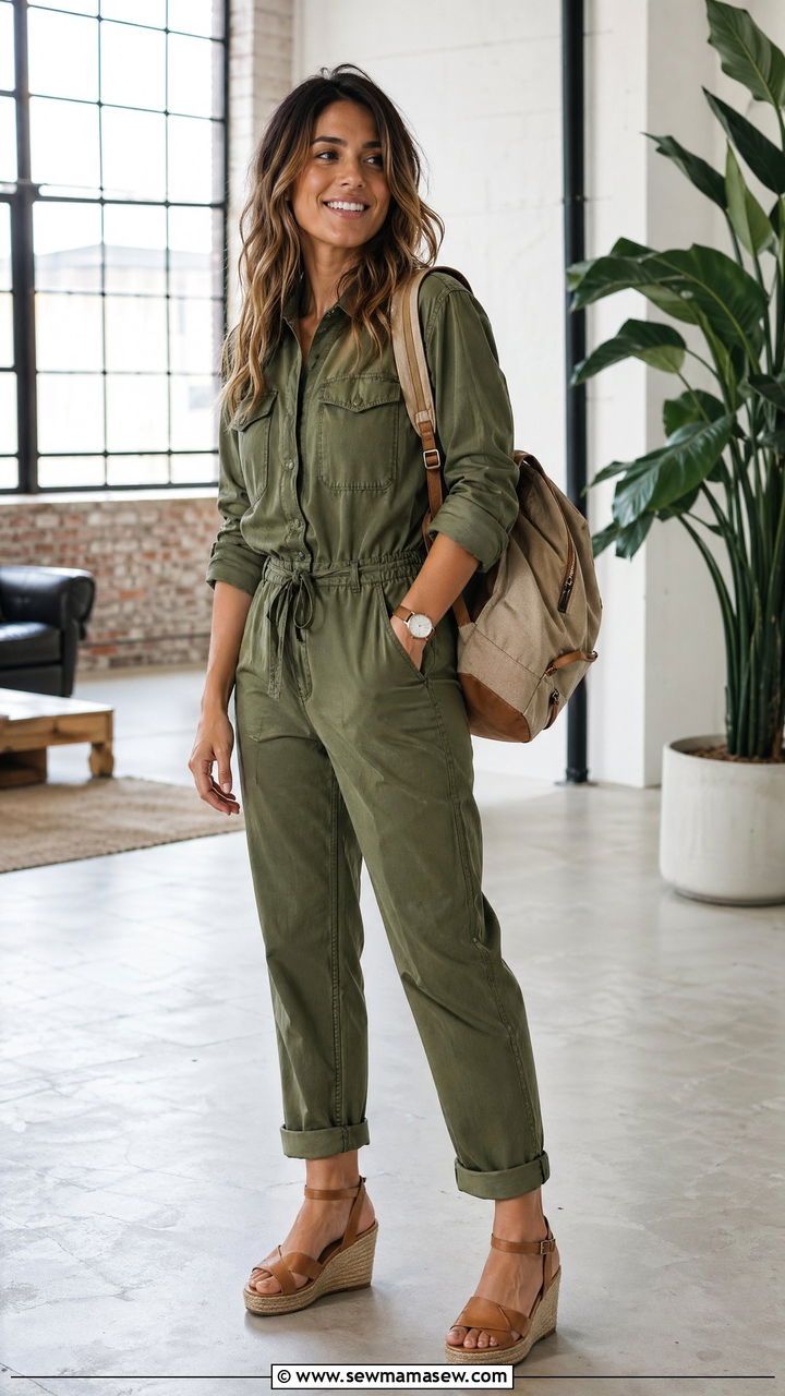 Utility Jumpsuit With Wedge Sandals - 35 Summer outfits with wedges