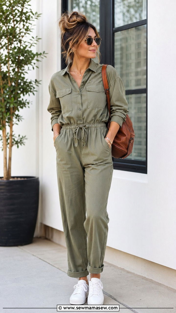Utility Jumpsuit With White Sneakers - 35 School drop off outfit ideas