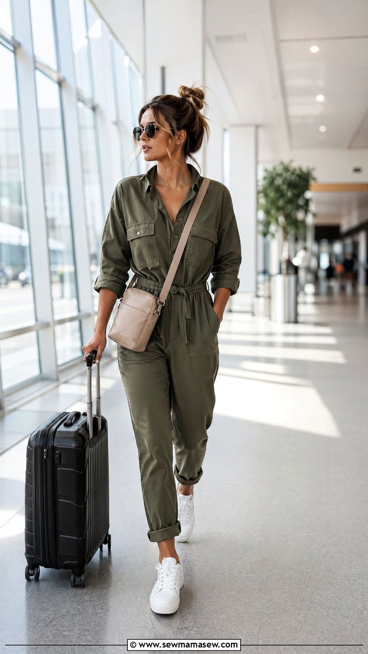 Utility Jumpsuit With White Sneakers And Crossbody Bag - 35 classy airport outfits