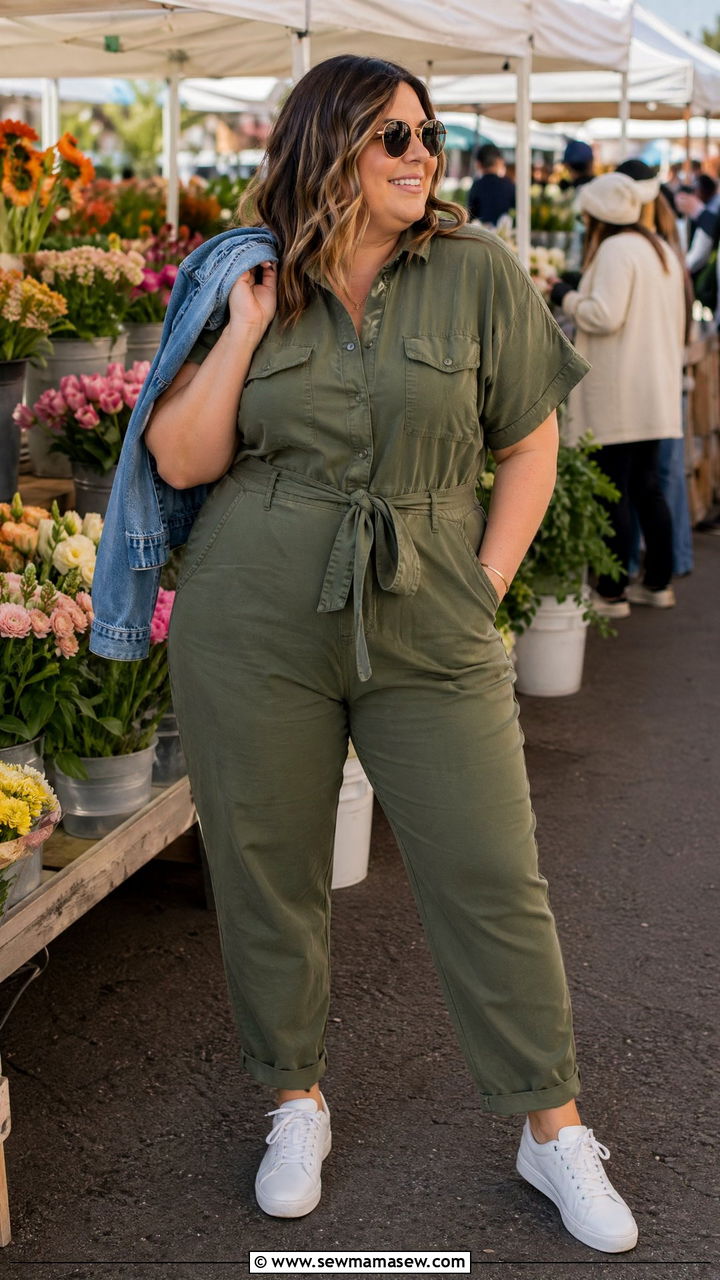 Utility Jumpsuit With White Sneakers Outfit - 35 Spring capsule wardrobe plus size