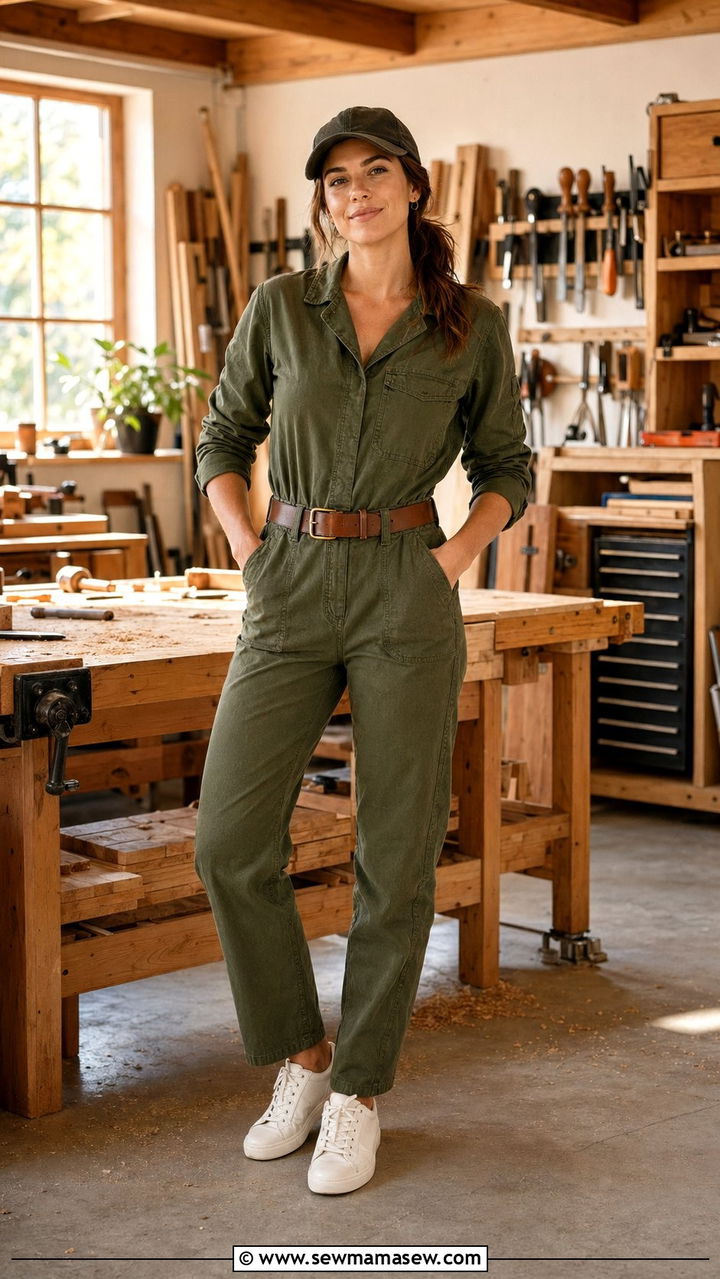 Utility Jumpsuit and Sneakers for DIY Woodworking Workshop - 30 Workshop outfit ideas