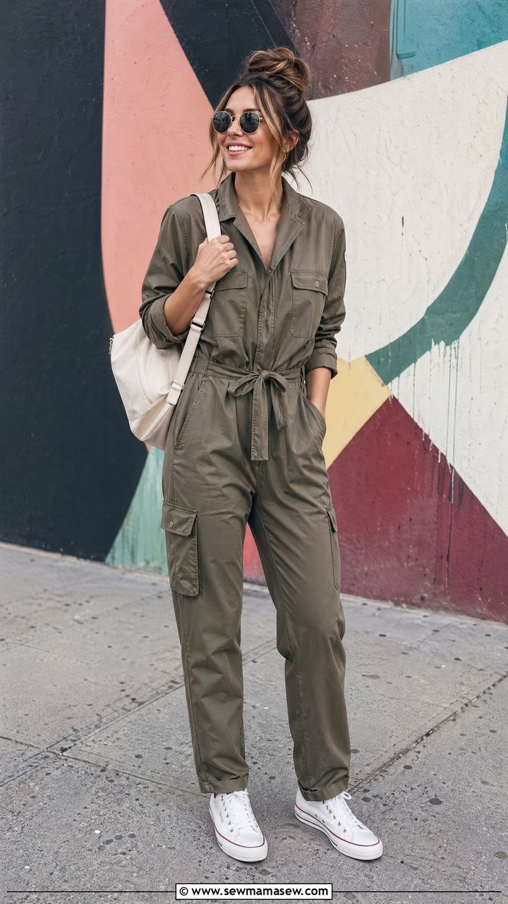 Utility Jumpsuit and White Canvas Sneakers - 35 Warm spring outfits