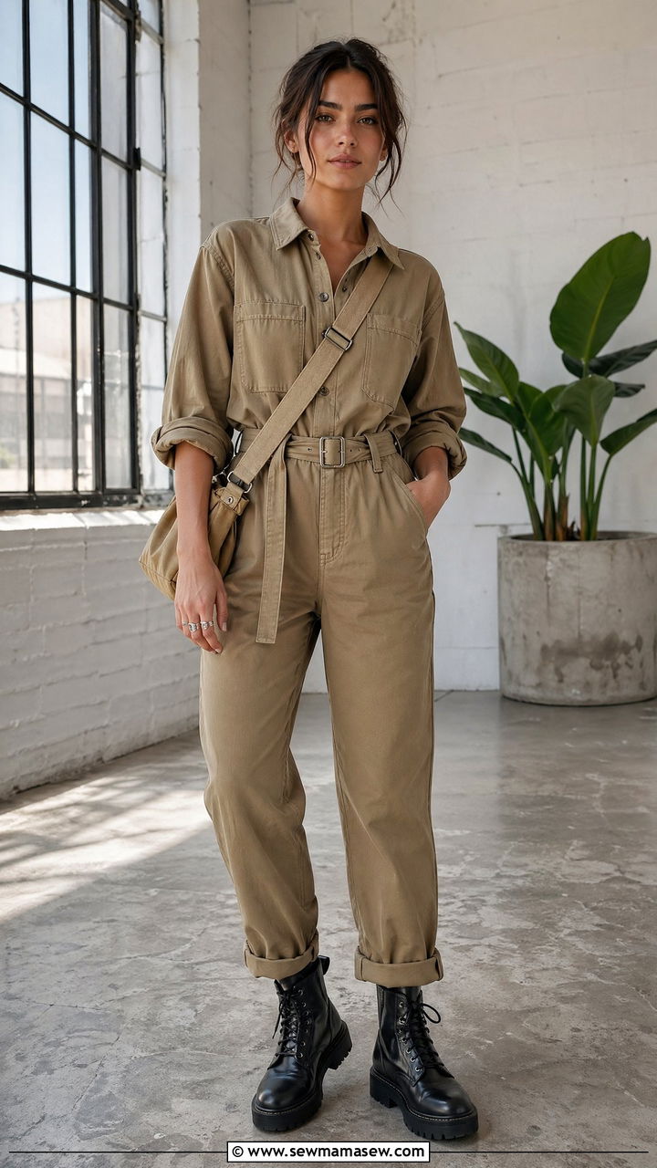 Utility Jumpsuit with Belted Waist and Combat Boots - 35 cute outfits for women