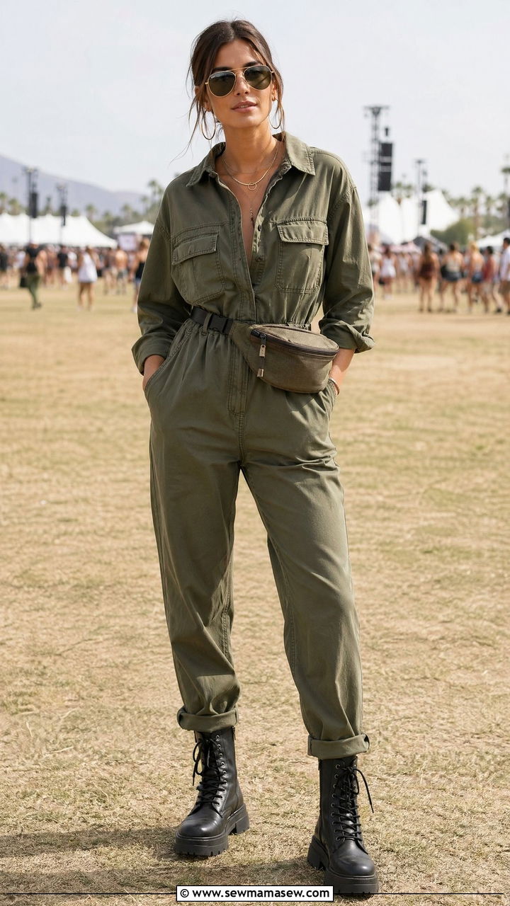 Utility Jumpsuit with Combat Boots - 35 Summer music festival outfits