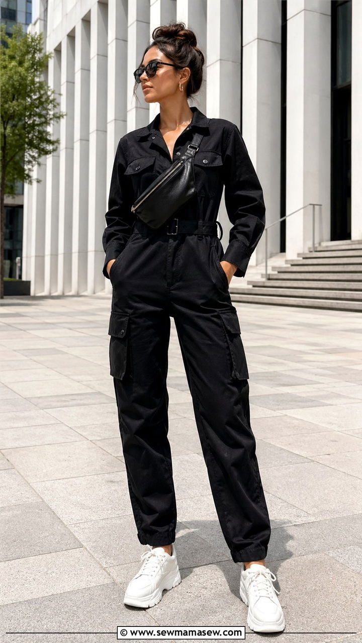 Utility Jumpsuit with Platform Sneakers - 30 spring edgy outfit ideas