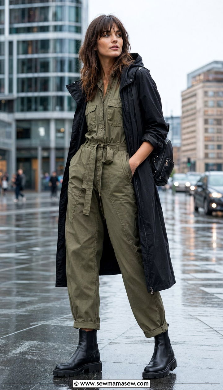 Utility Jumpsuit with Trench Coat and Chelsea Boots - 35 Rainy summer outfits