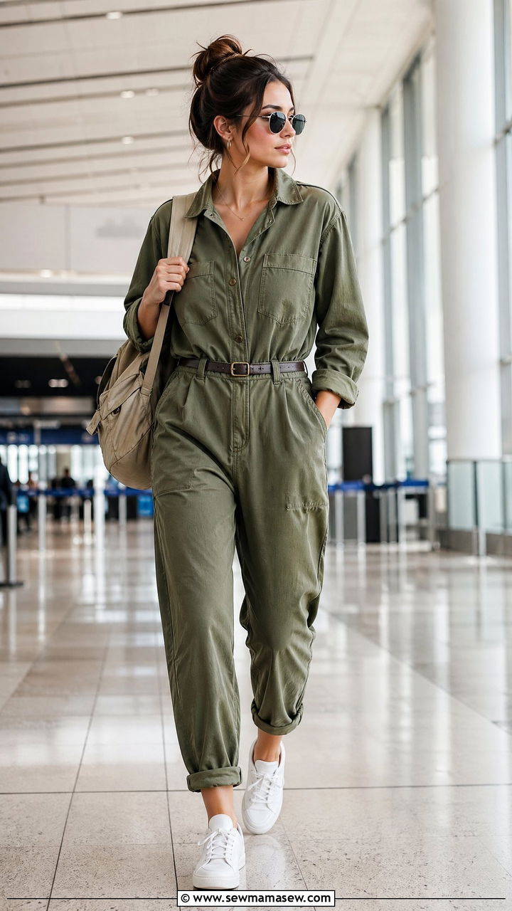 Utility Jumpsuit with White Sneakers - 40 airport outfits ideas