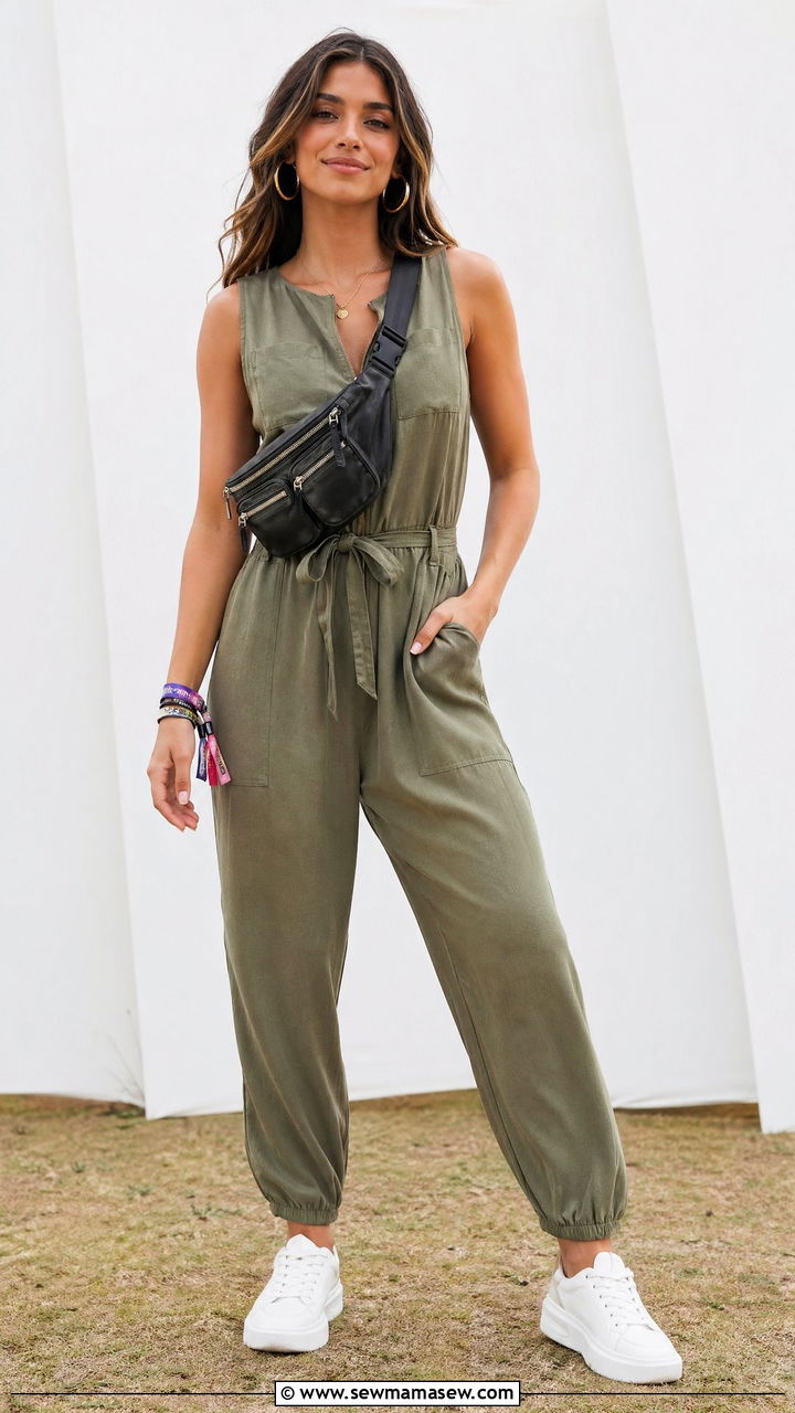 Utility Jumpsuit with White Sneakers and Belt Bag - 35 cute music festival outfits