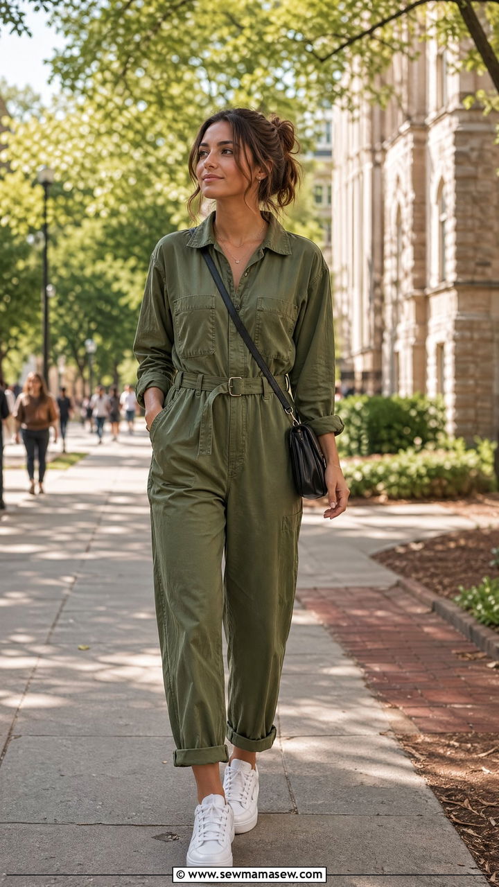Utility Jumpsuit with White Sneakers and Crossbody Bag - 35 college outfits ideas