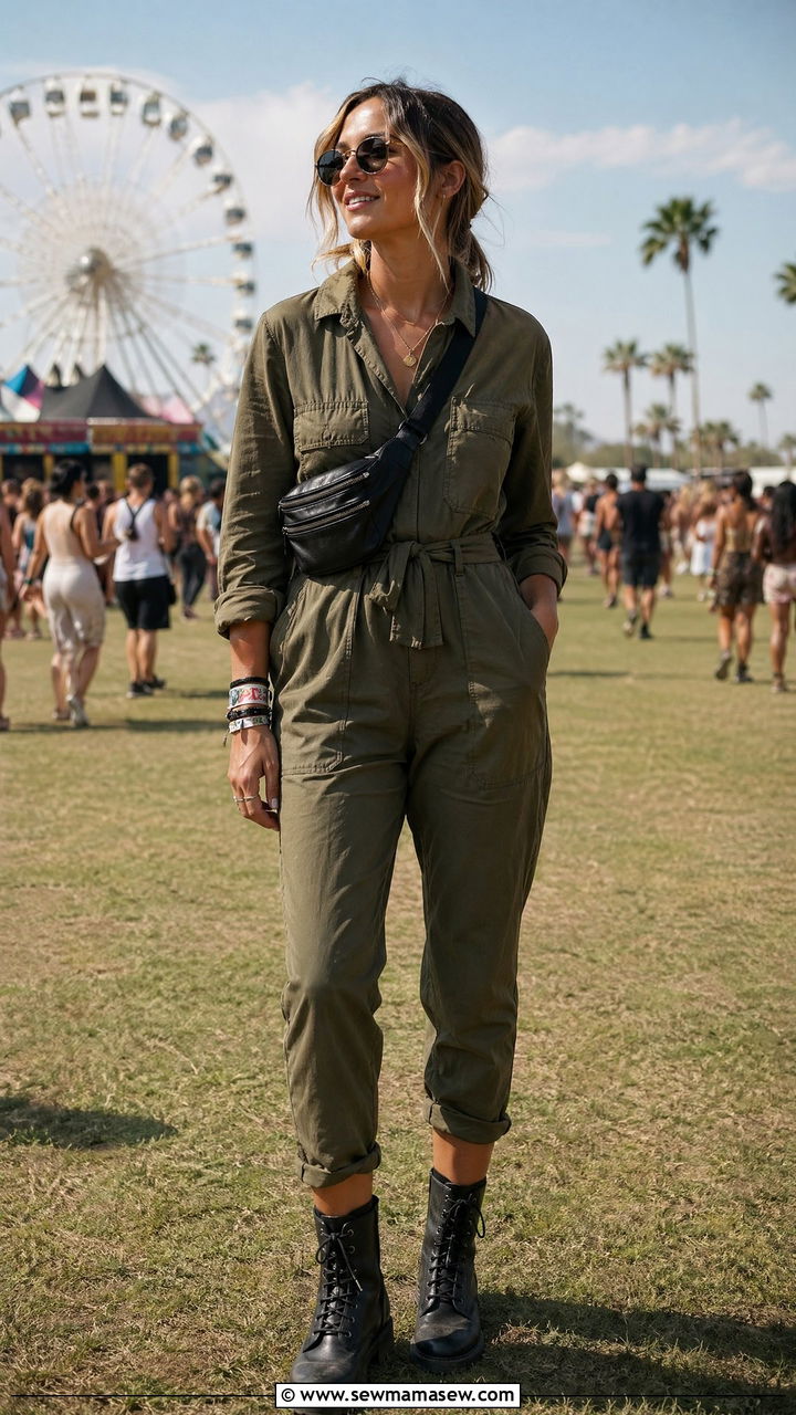 Utility Jumpsuit with a Belt Bag and Combat Boots - 35 cute festival outfits