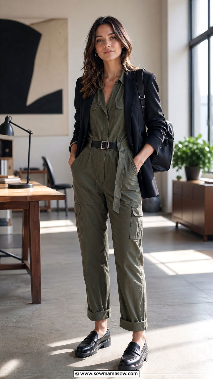 Utility Jumpsuit with a Structured Blazer and Chunky Loafers - 35 workwear outfit ideas for women