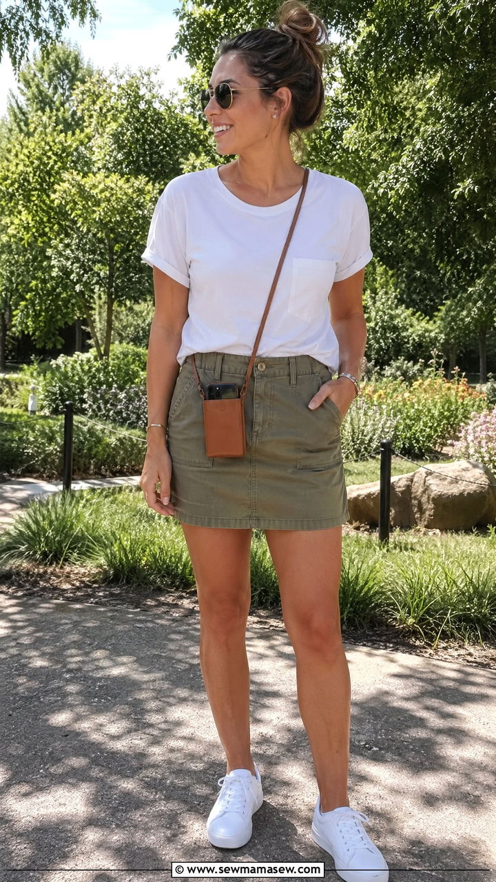 Utility Mini Skirt with T Shirt and Sneakers - 35 casual mini skirt outfits
