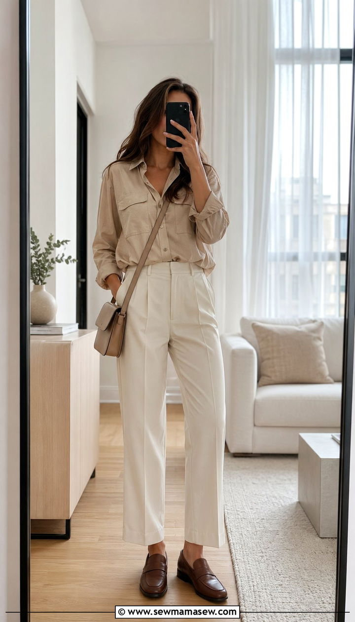 Utility Shirt With Cream Trousers And Loafers Outfit - 35 quiet luxury outfits
