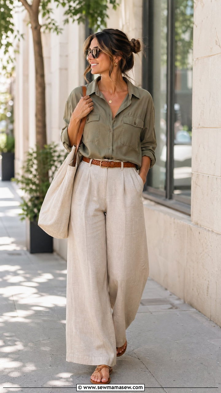 Utility Shirt and Wide Leg Linen Pants - 35 summer business casual outfit ideas