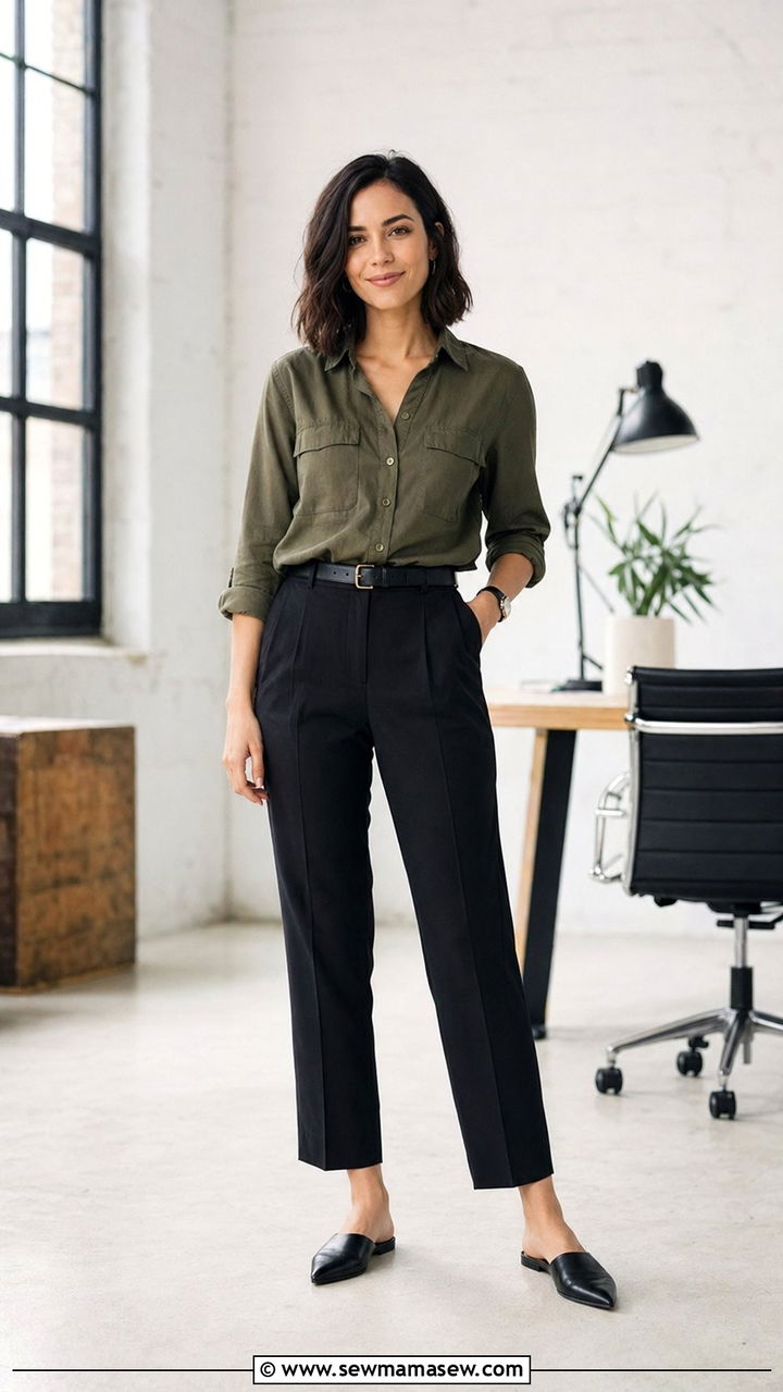 Utility Style Shirt With Tailored Trousers - 30 Work outfits for petite women