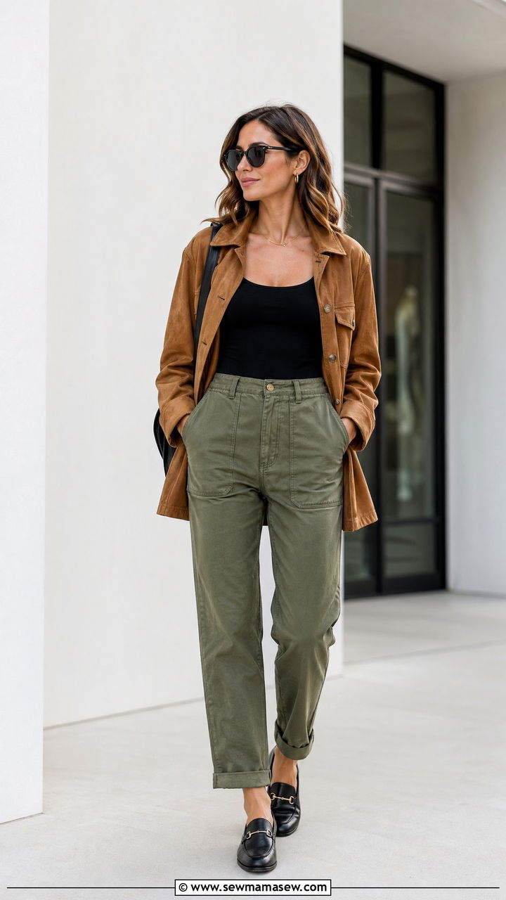 Utility Trousers With A Fitted Bodysuit And Suede Jacket - 35 work outfits for moms