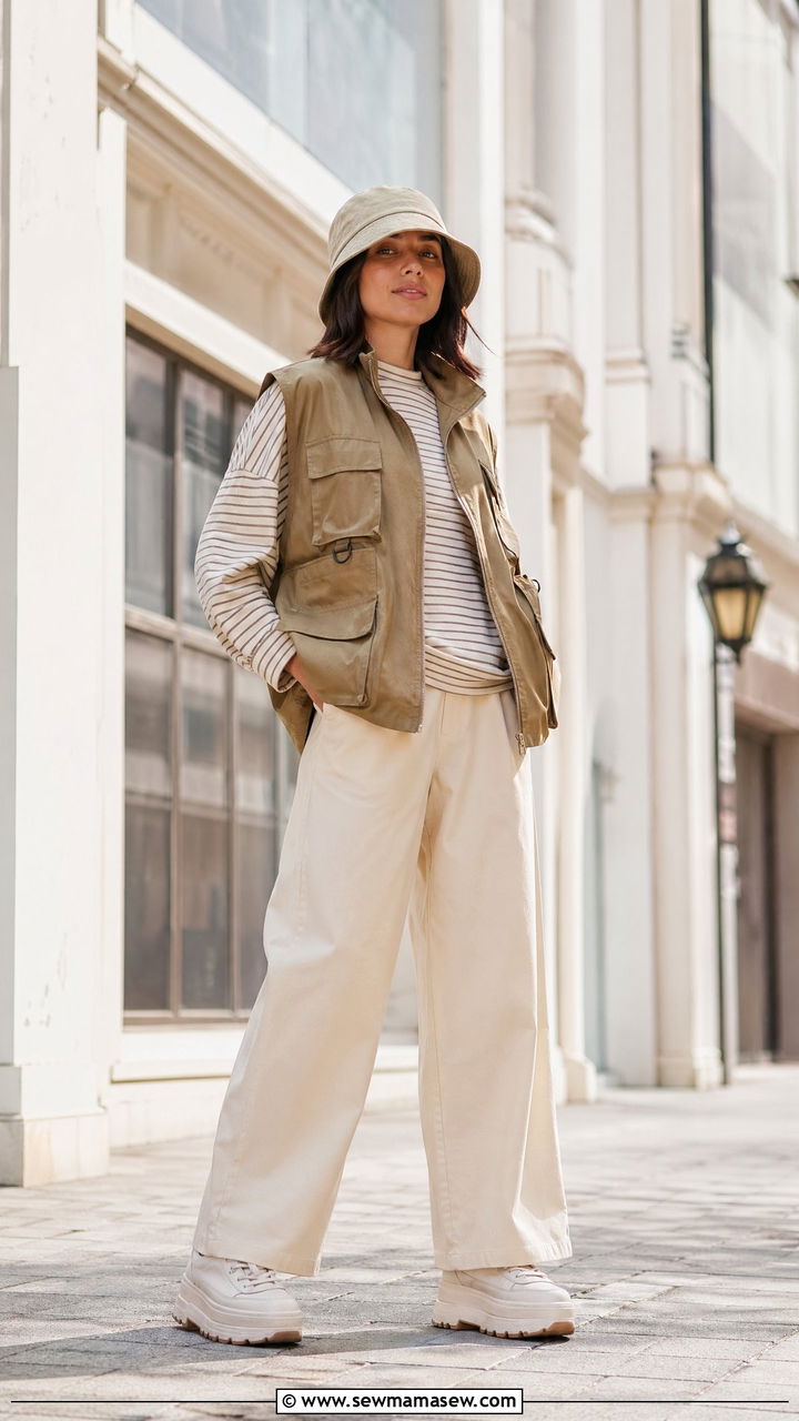 Utility Vest Over a Patterned Shirt And Wide Leg Pants - 35 Streetwear outfit ideas