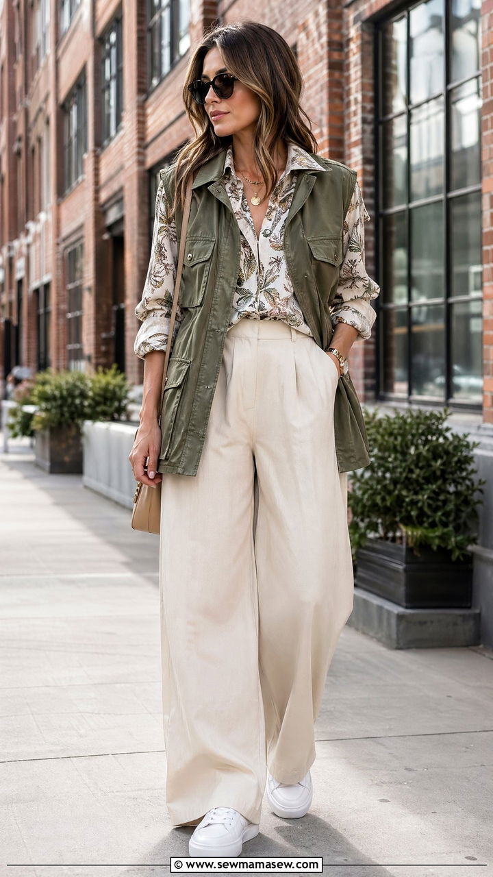 Utility Vest With Printed Shirt And Wide Leg Trousers - 35 streetwear outfits