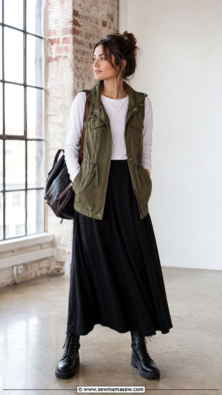 Utility Vest with Maxi Skirt and Combat Boots - 35 Cool spring outfits