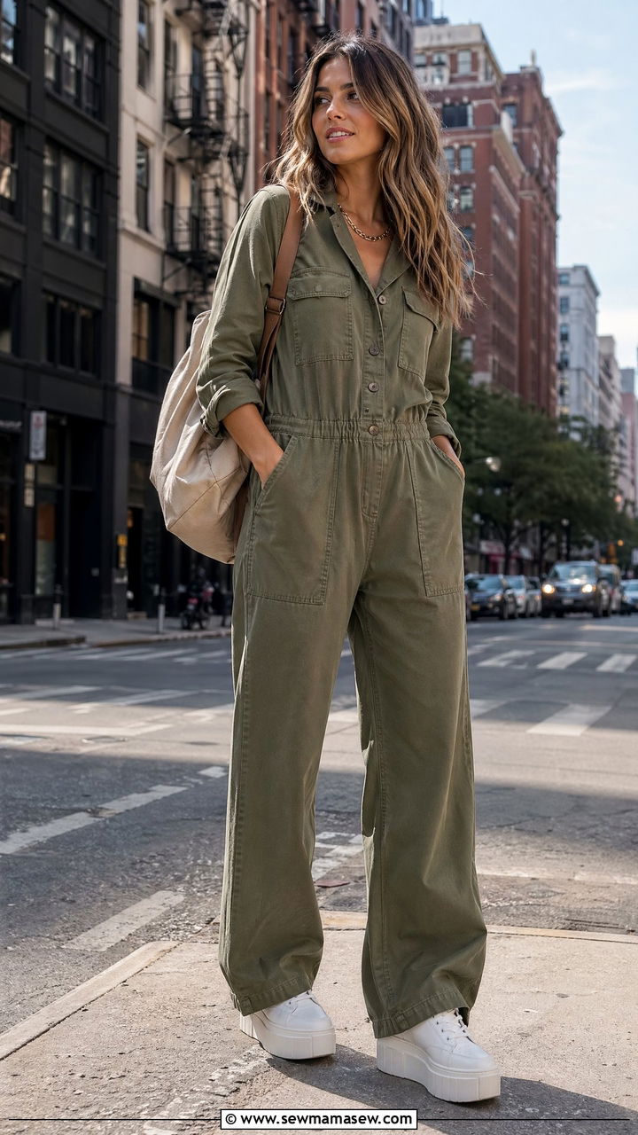 Utility Wide Leg Jumpsuit with Platform Sneakers - 35 Wide leg jumpsuit outfit ideas