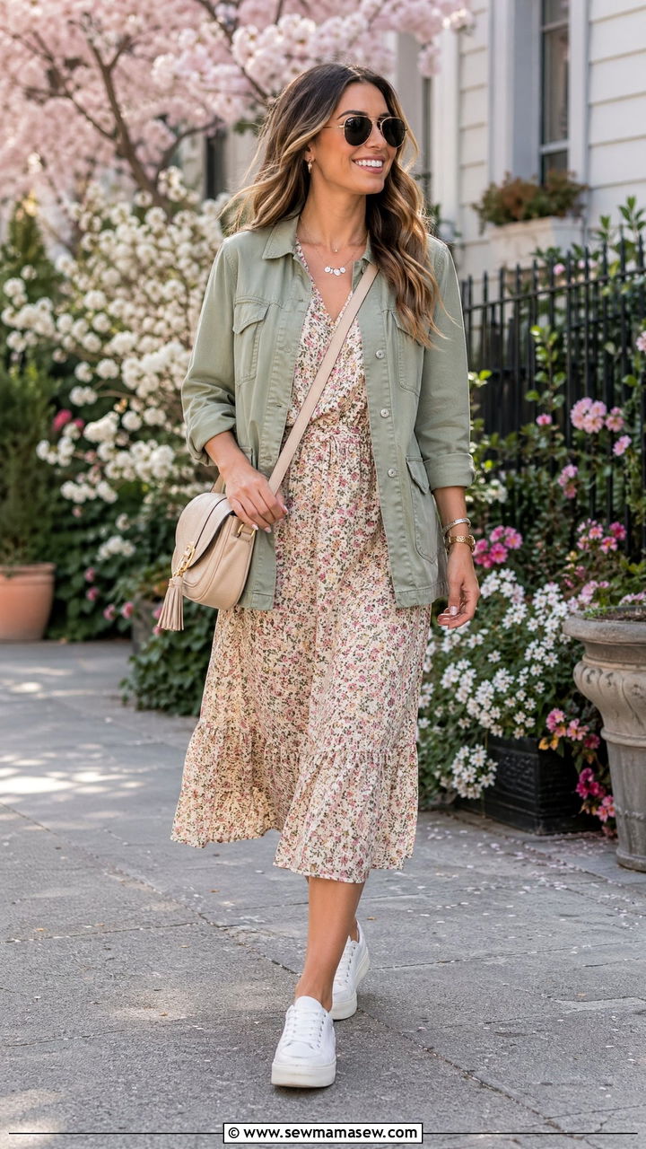 Utility jacket and floral dress outfit - 35 Spring errands outfit ideas