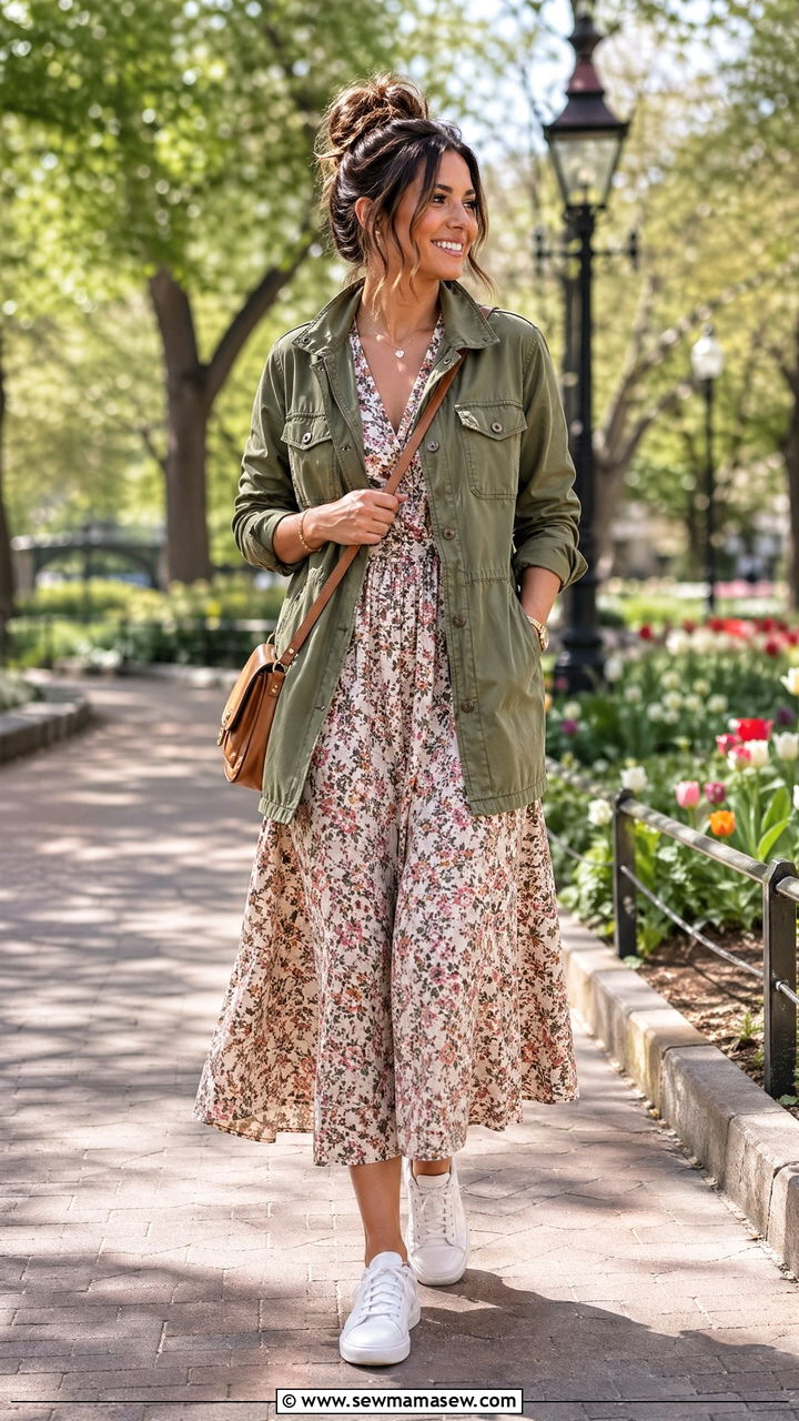 Utility jacket and floral dress - 35 Spring outfits for working moms